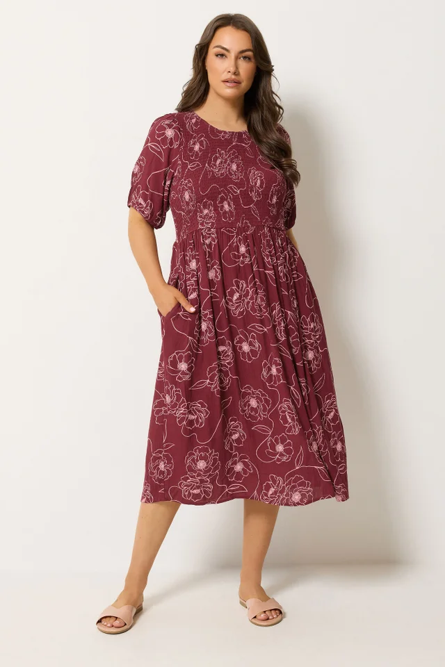 Yours Curve Red Floral Swirl Puff Sleeve Shirred Dress