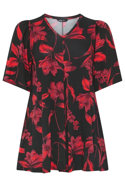Yours Curve Red Floral Pleat Front Top - 14 Image 5