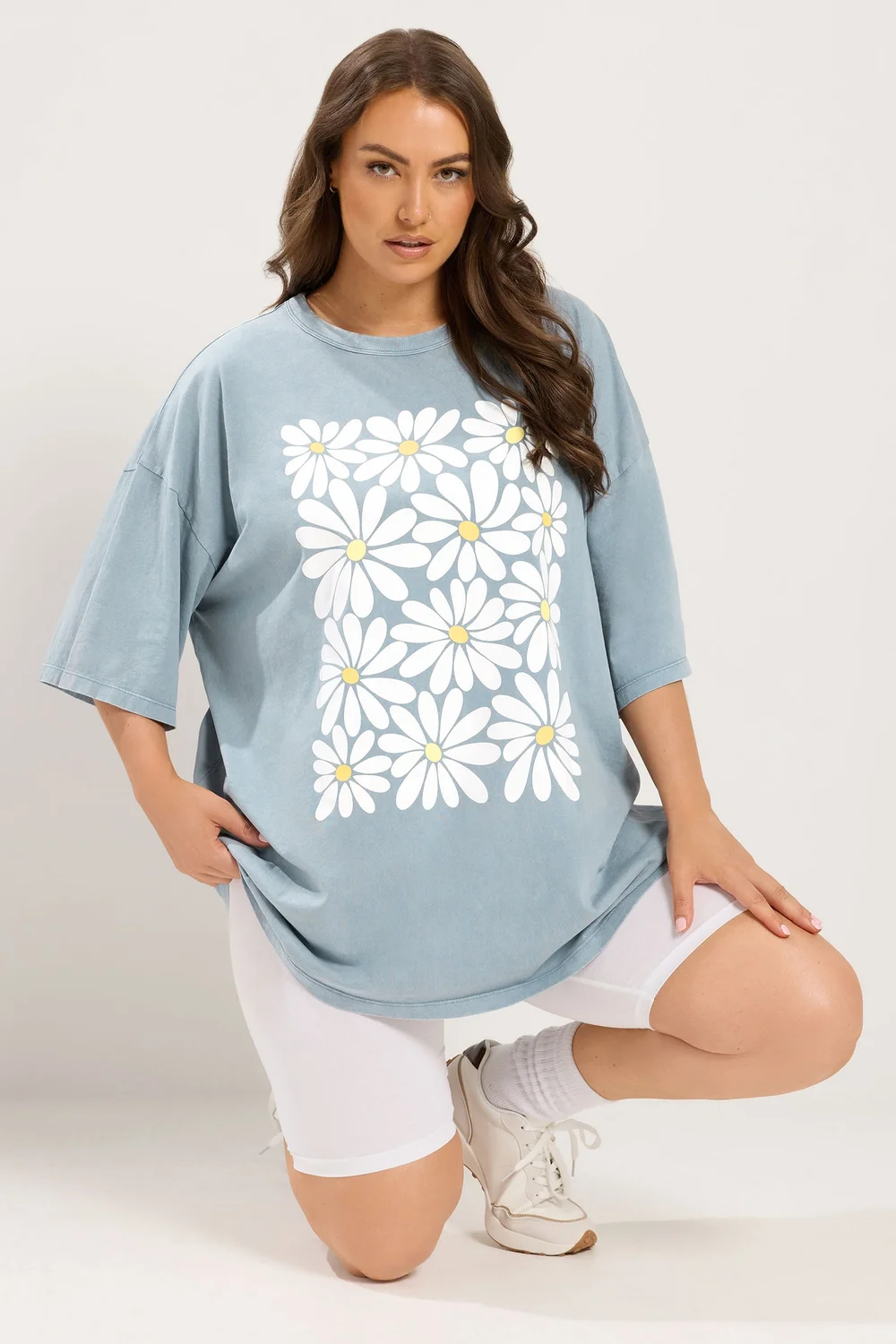 Yours Curve Light Blue Acid Wash Boxy Daisy Print T-Shirt - 14 Image 1