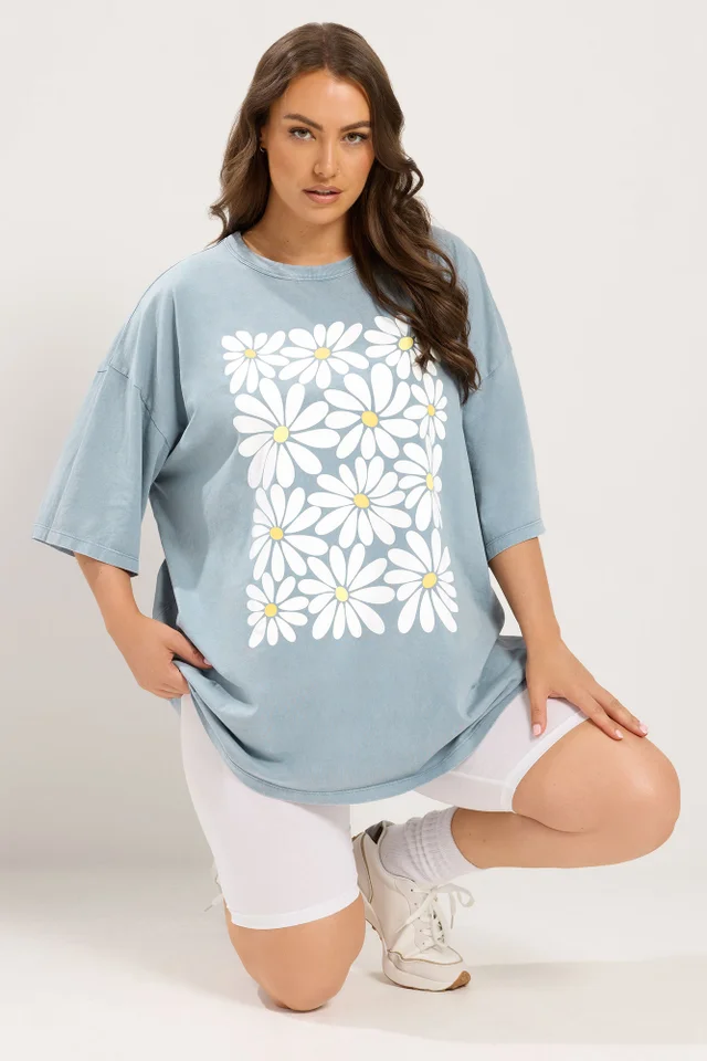 Yours Curve Light Blue Acid Wash Boxy Daisy Print T-Shirt