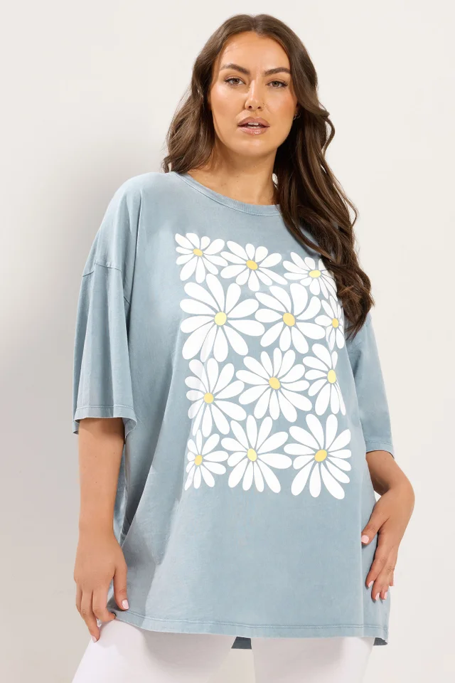 Yours Curve Light Blue Acid Wash Boxy Daisy Print T-Shirt