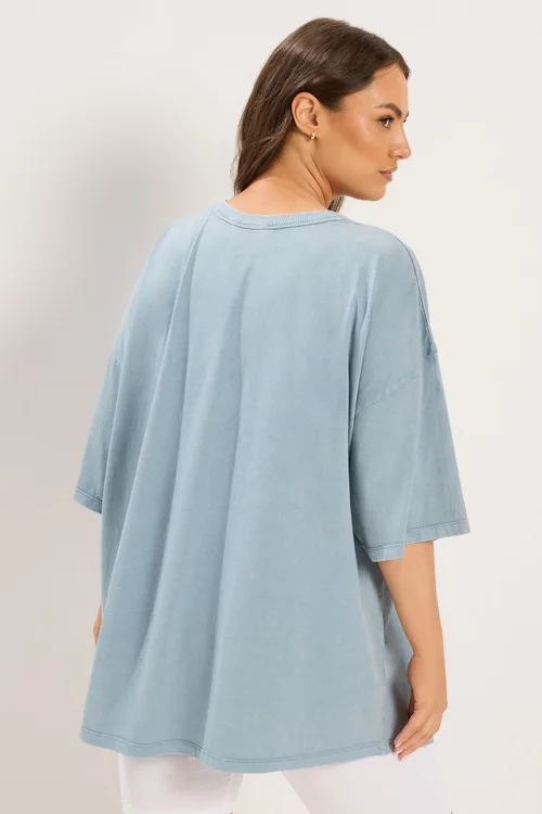 Yours Curve Light Blue Acid Wash Boxy Daisy Print T-Shirt - 14 Image 4