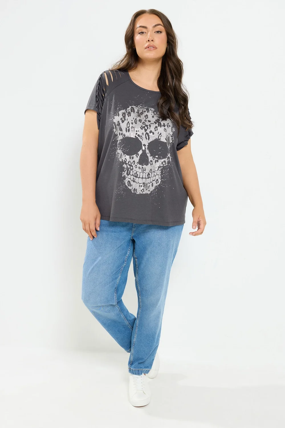 Yours Curve Grey Skull Print Laser Cut T-Shirt - 12 Image 2