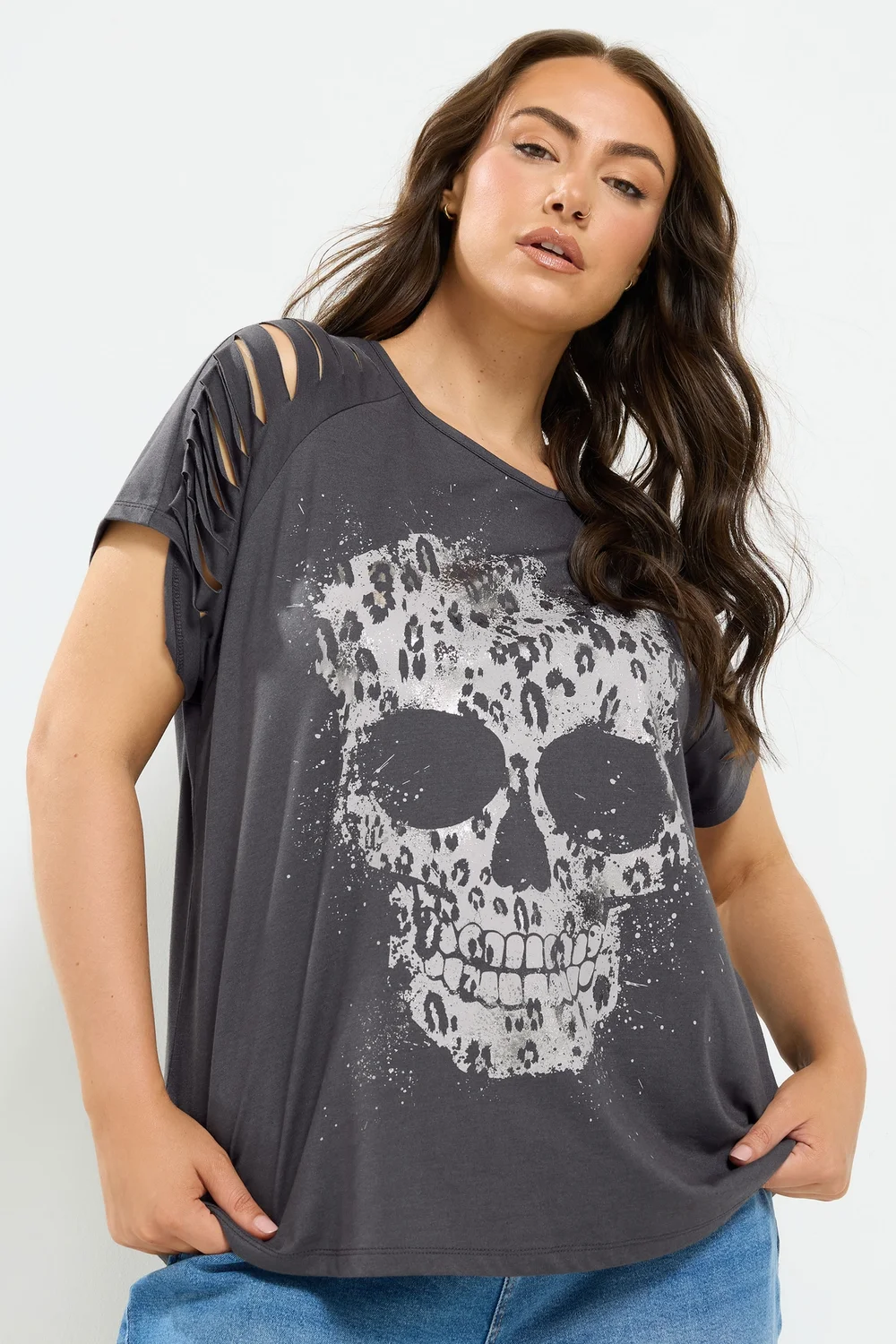 Yours Curve Grey Skull Print Laser Cut T-Shirt - 12 Image 1