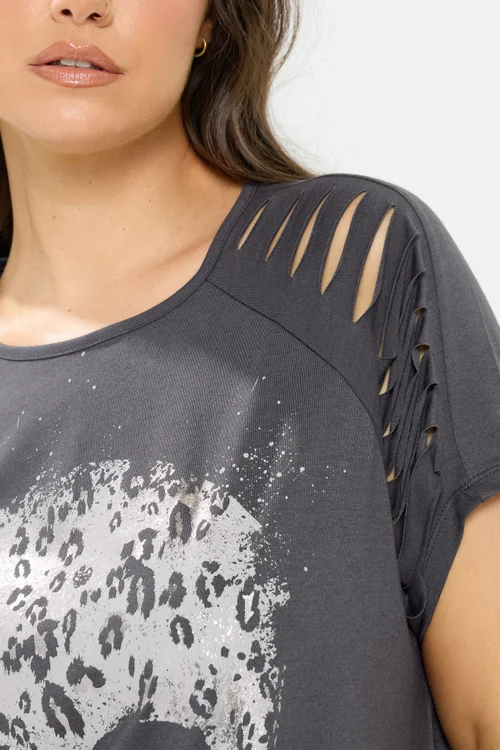 Yours Curve Grey Skull Print Laser Cut T-Shirt - 12 Image 4