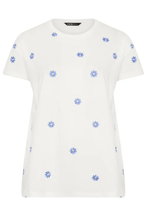 Yours Curve White Embroidered Daisy T-Shirt - 22-24 Image 2