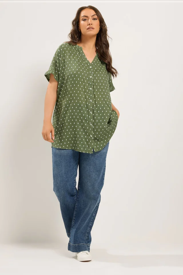 Yours Curve Green Notch Neck Dobby Blouse