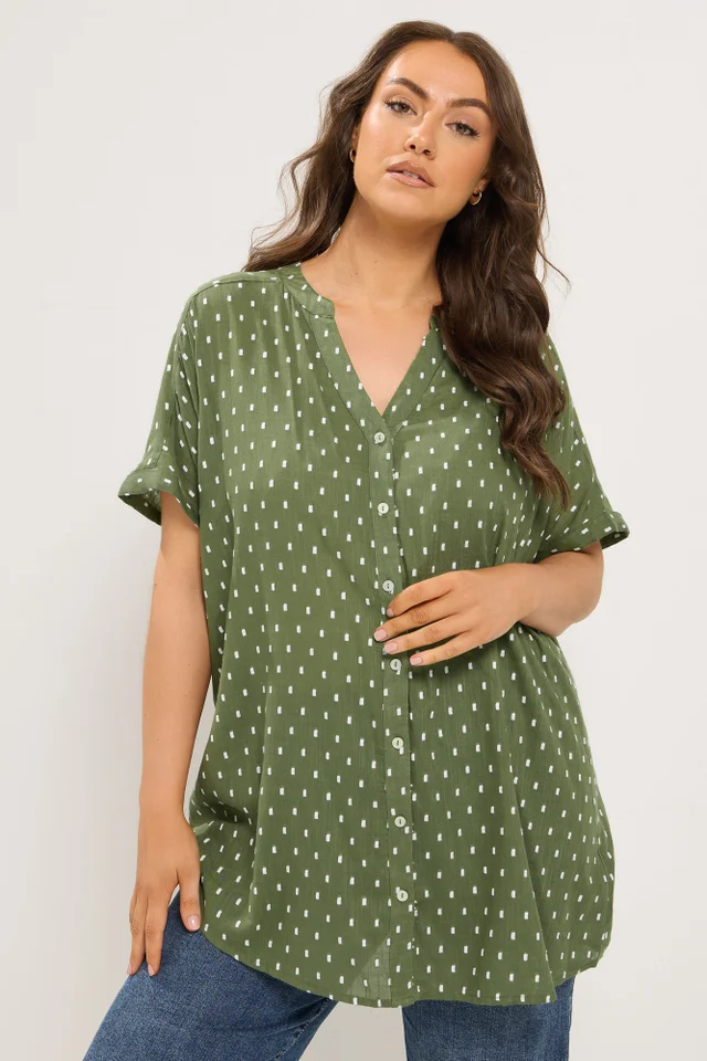 Yours Curve Green Notch Neck Dobby Blouse