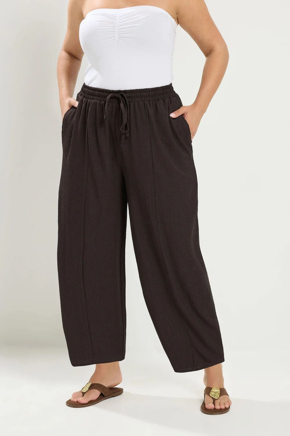 Yours Curve Chocolate Brown Crinkle Barrel Trousers - 26-28 Image 2