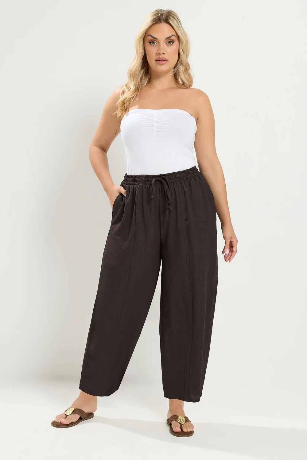 Yours Curve Chocolate Brown Crinkle Barrel Trousers - 26-28 Image 1