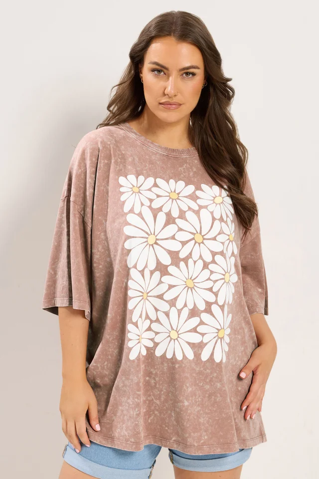 Yours Curve Pink Acid Wash Boxy Daisy Print T-Shirt