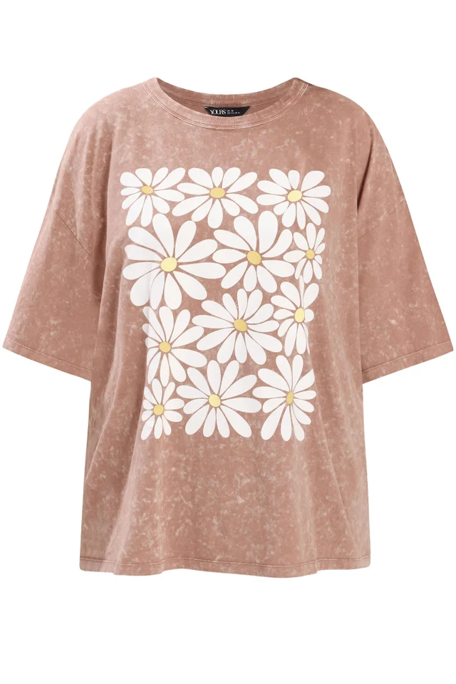 Yours Curve Pink Acid Wash Boxy Daisy Print T-Shirt
