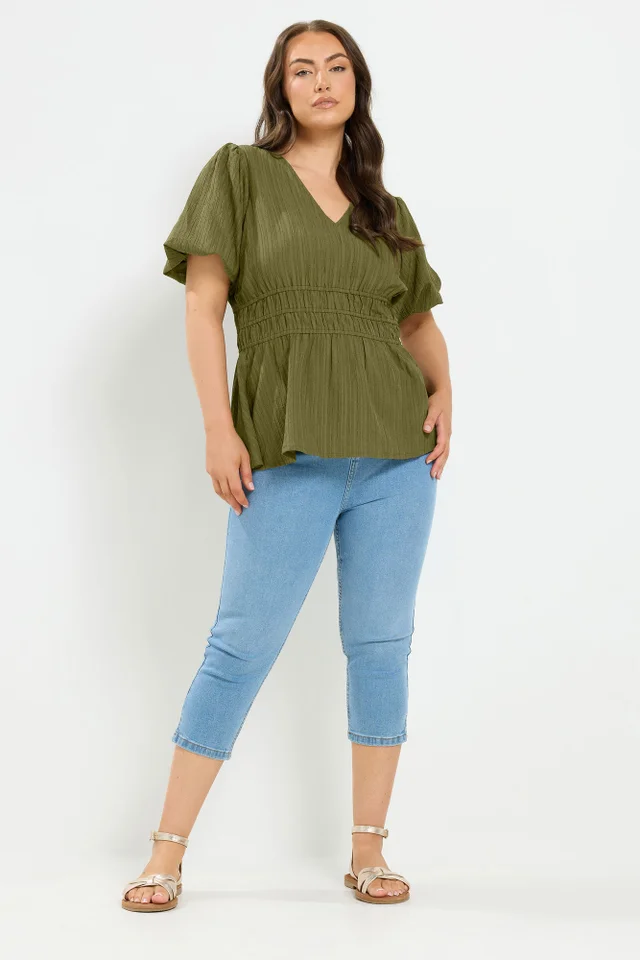 Yours Curve Khaki Green Puff Sleeve Blouse