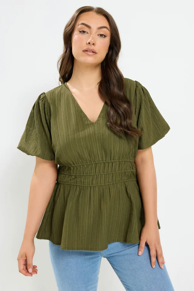 Yours Curve Khaki Green Puff Sleeve Blouse