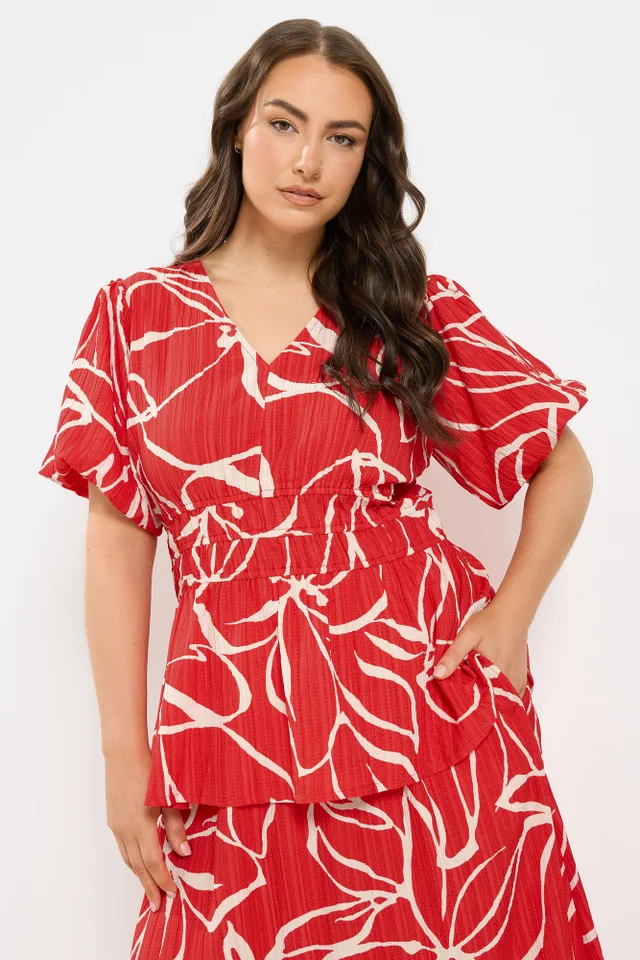 Yours Curve Red Floral Print Puff Sleeve Top