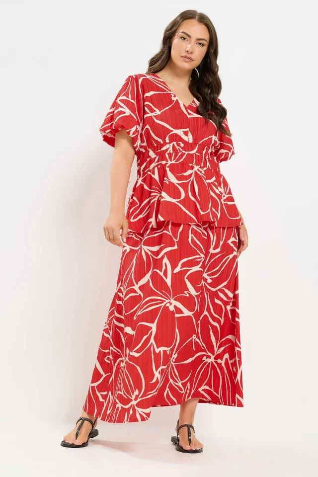 Yours Curve Red Floral Print Puff Sleeve Top