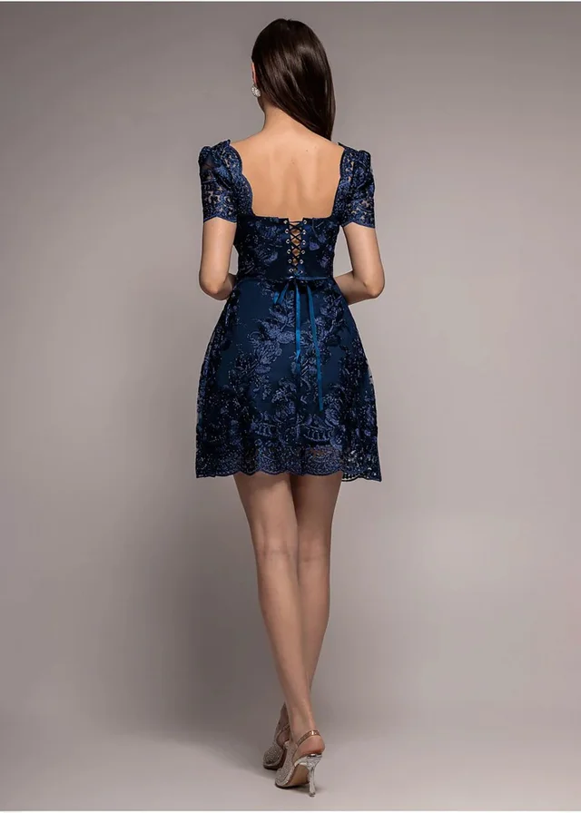 Goddiva Navy Scallop Edge Corset Back Structured Lace Mini Dress