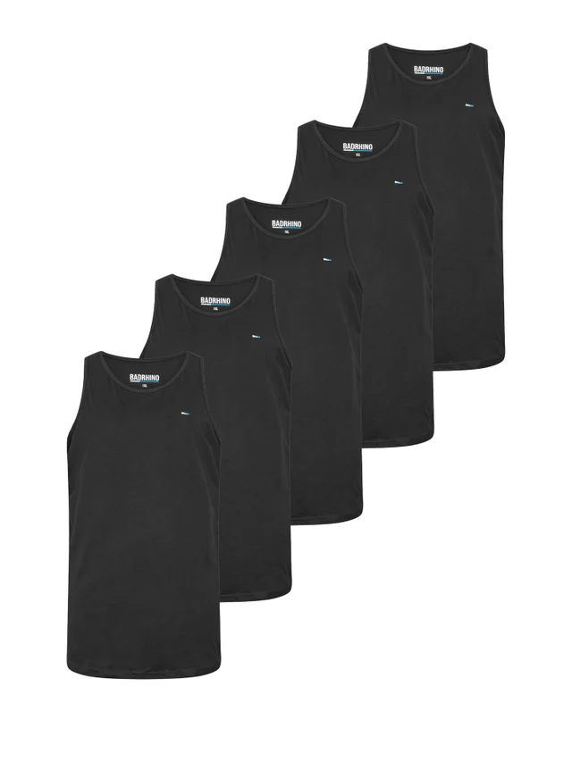 BadRhino 5 Pack Black Extra Long Plain Vest Tops