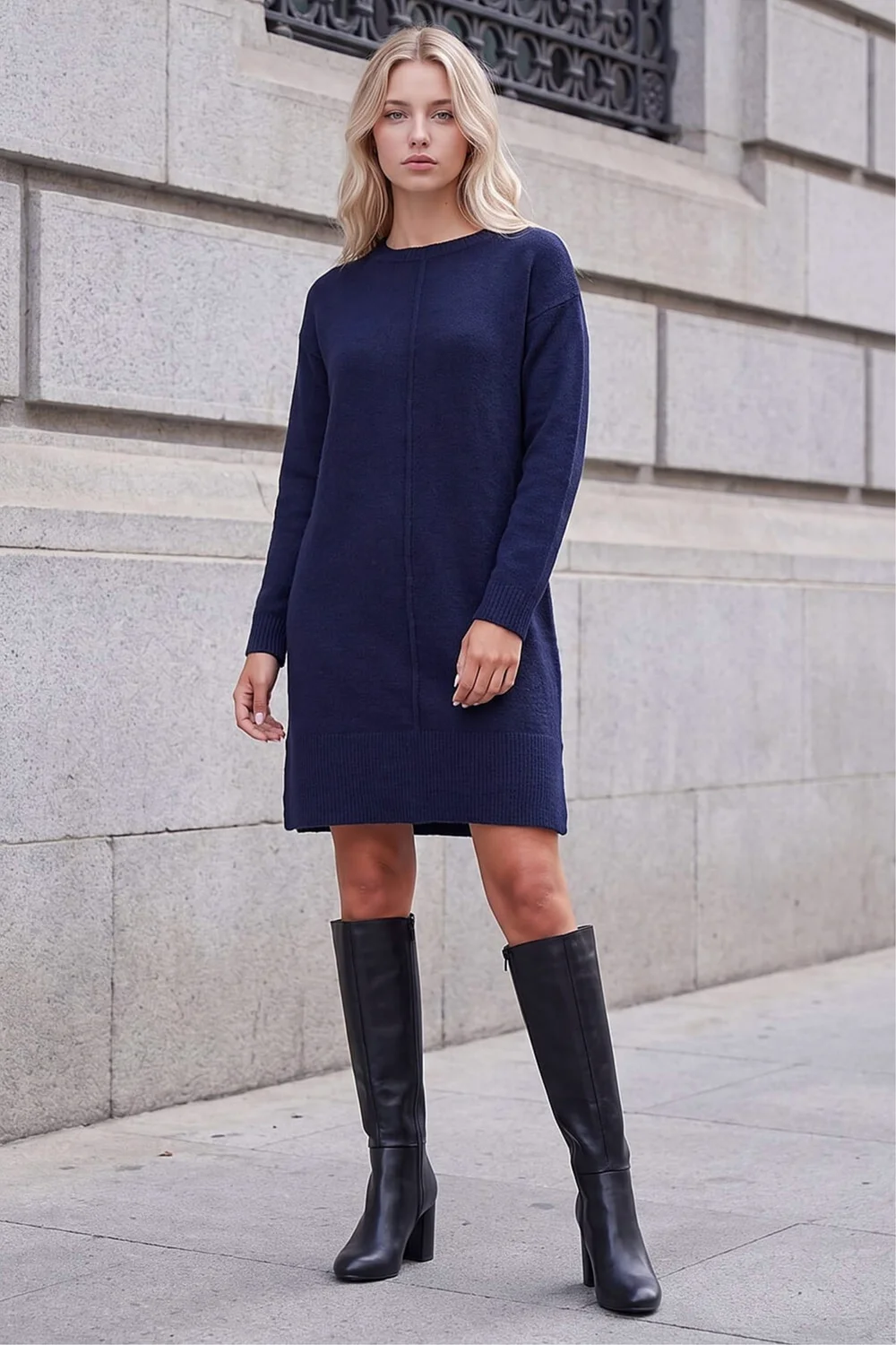 Roman Navy Petite Knitted Pintuck Shift Dress - 10 Image 1