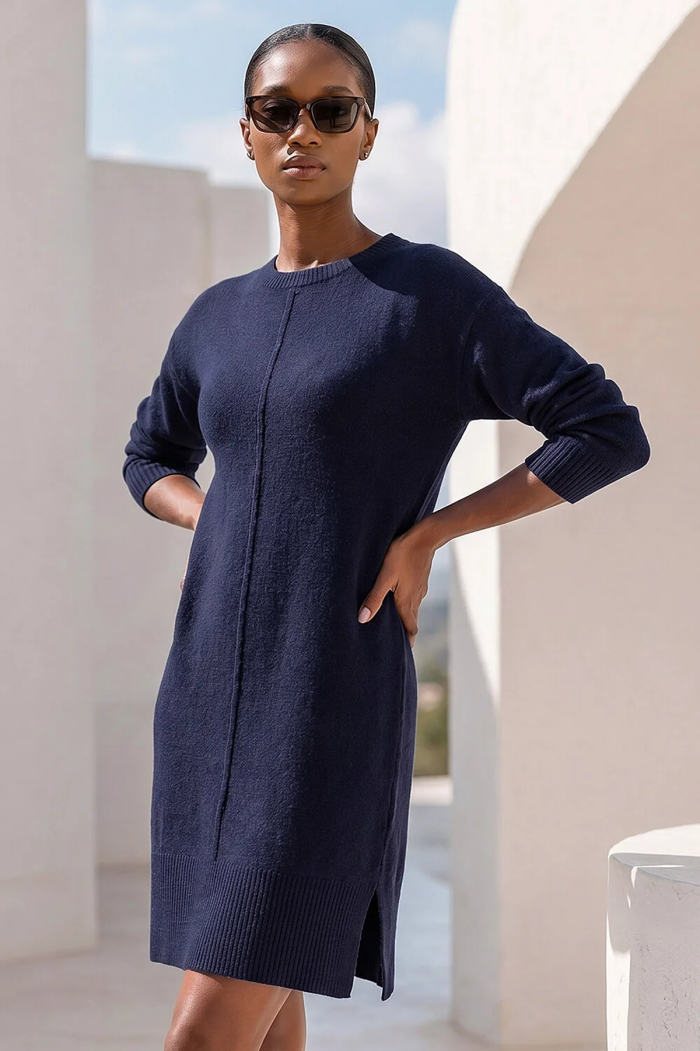 Roman Navy Petite Knitted Pintuck Shift Dress - 10 Image 1