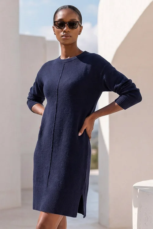 Roman Navy Petite Knitted Pintuck Shift Dress - 10 Image 1