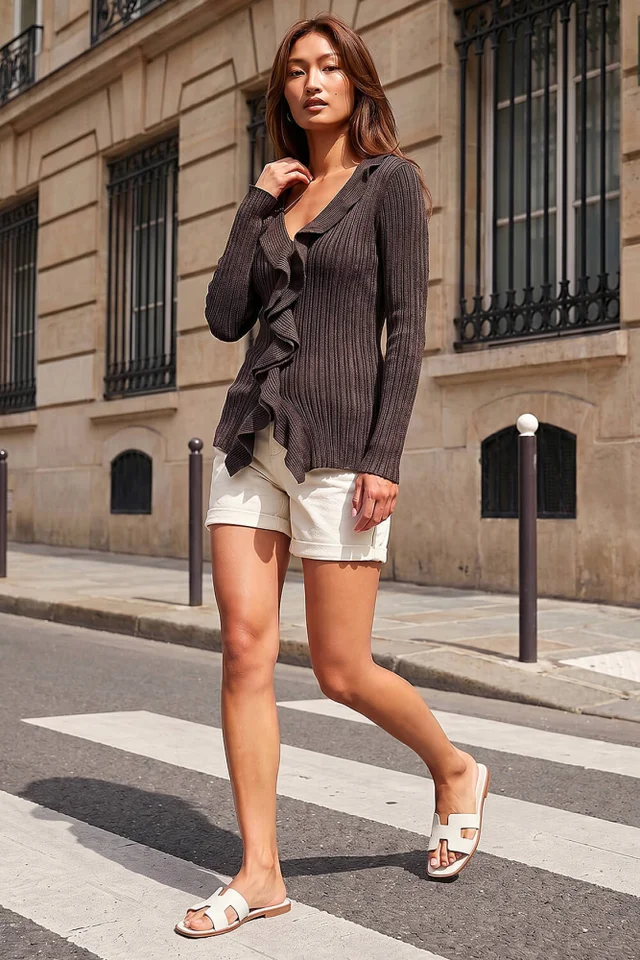Roman Charcoal Frill Trim Ribbed Knit Top
