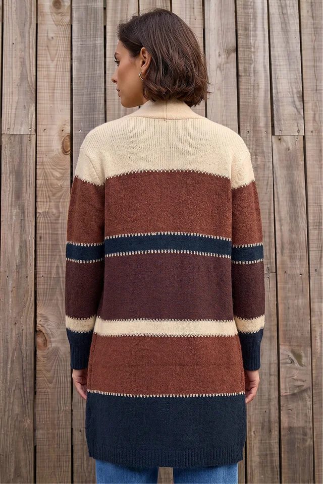 Roman Brown Colour Block Longline Knit Cardigan