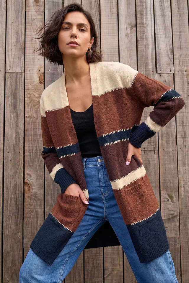Roman Brown Colour Block Longline Knit Cardigan