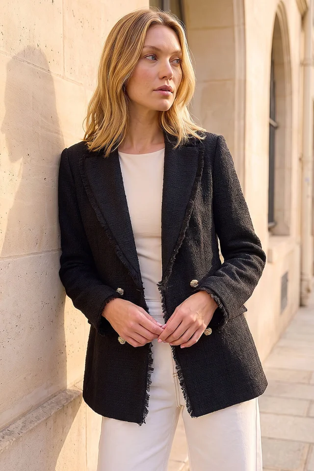 Roman Black Fray Mid Boucle Jacket