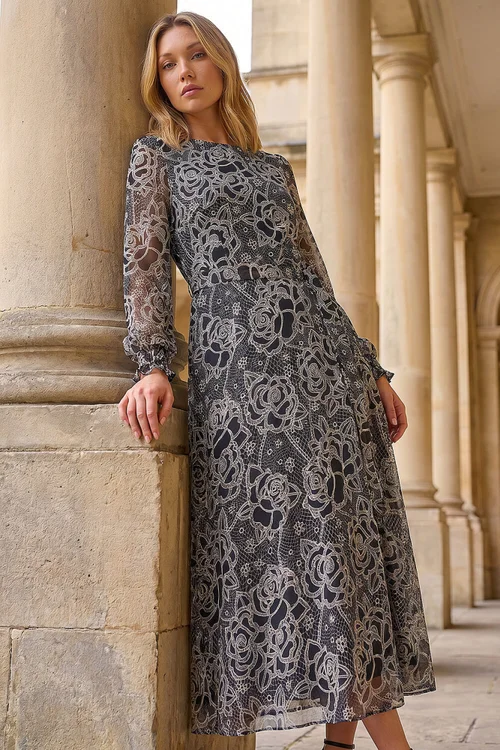 Roman Black Floral Rose Midi Dress - 10 Image 2
