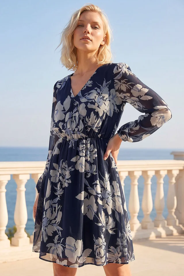 Roman Navy Petite Floral Wrap Dress