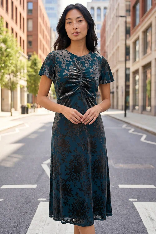 Roman Teal Petite Devore Midi Dress - 10 Image 2