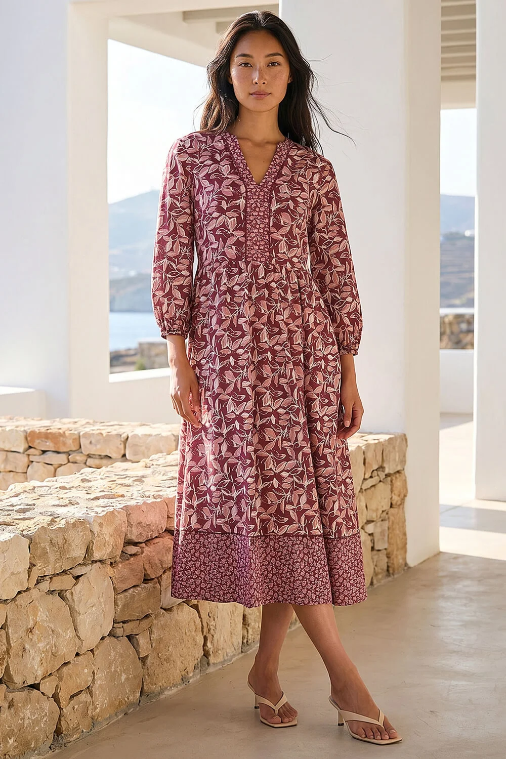 Roman Coral Petite Border Print Midi Dress - 12 Image 1