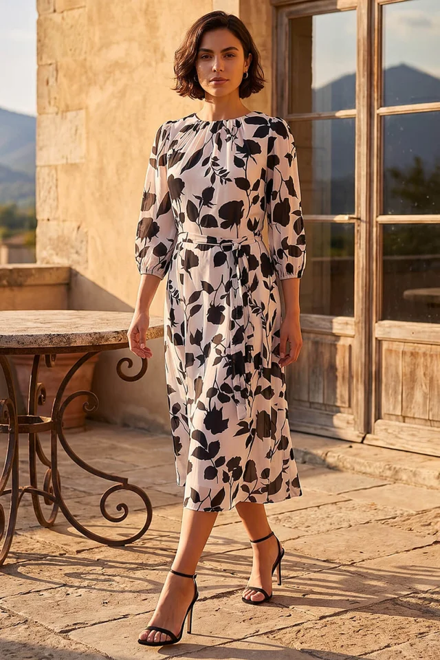 Roman Cream Floral Pleated Midi Dress