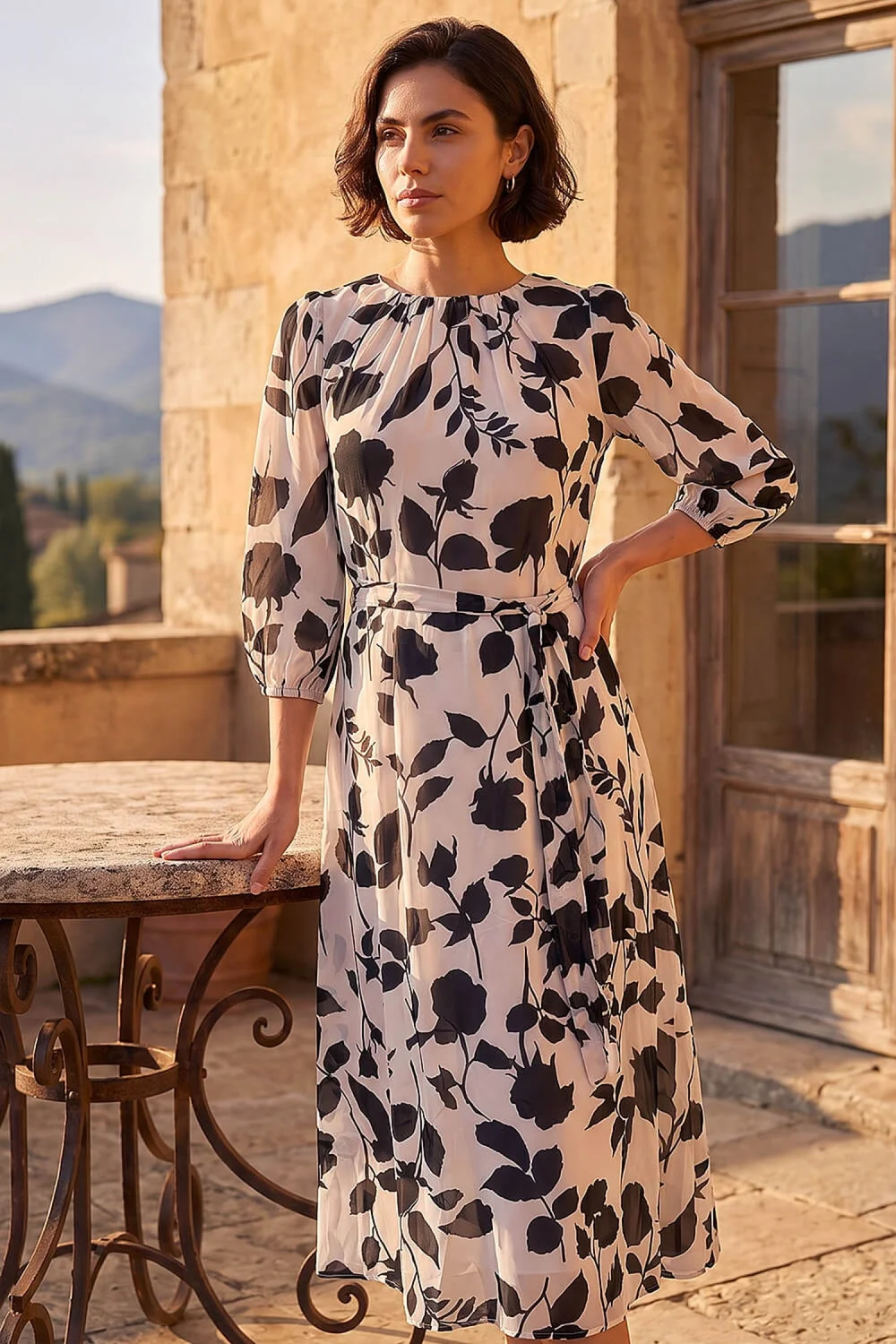 Roman Cream Floral Pleated Midi Dress - 18 Image 2