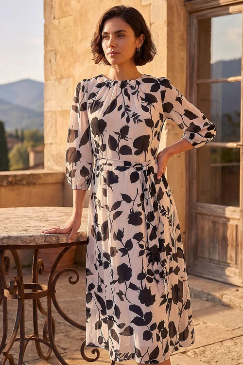 Roman Cream Floral Pleated Midi Dress - 18 Image 2