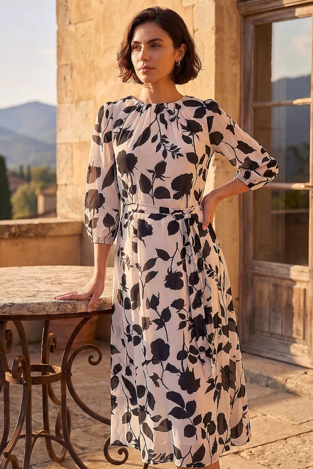 Roman Cream Floral Pleated Midi Dress