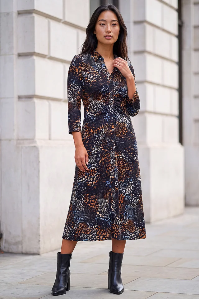 Roman Black Petite Button Ruched Dress