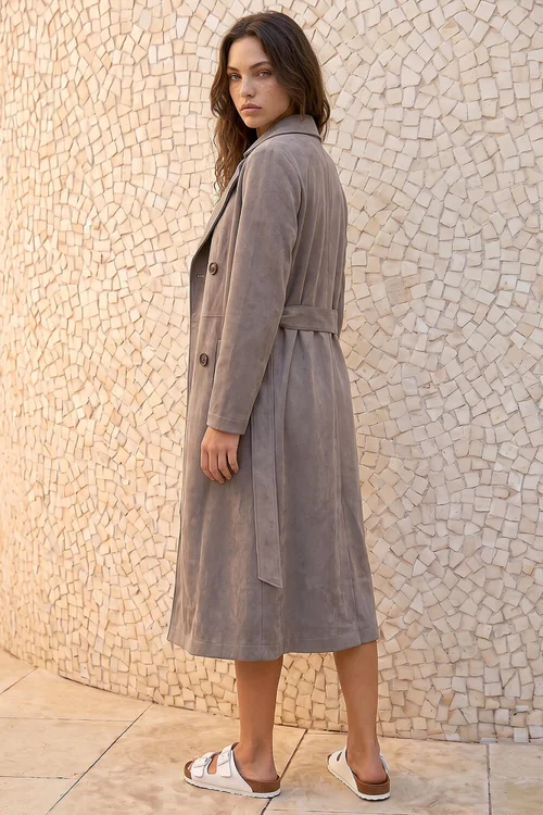 Roman Taupe Petite Faux Suede Trench Coat - 8 Image 3