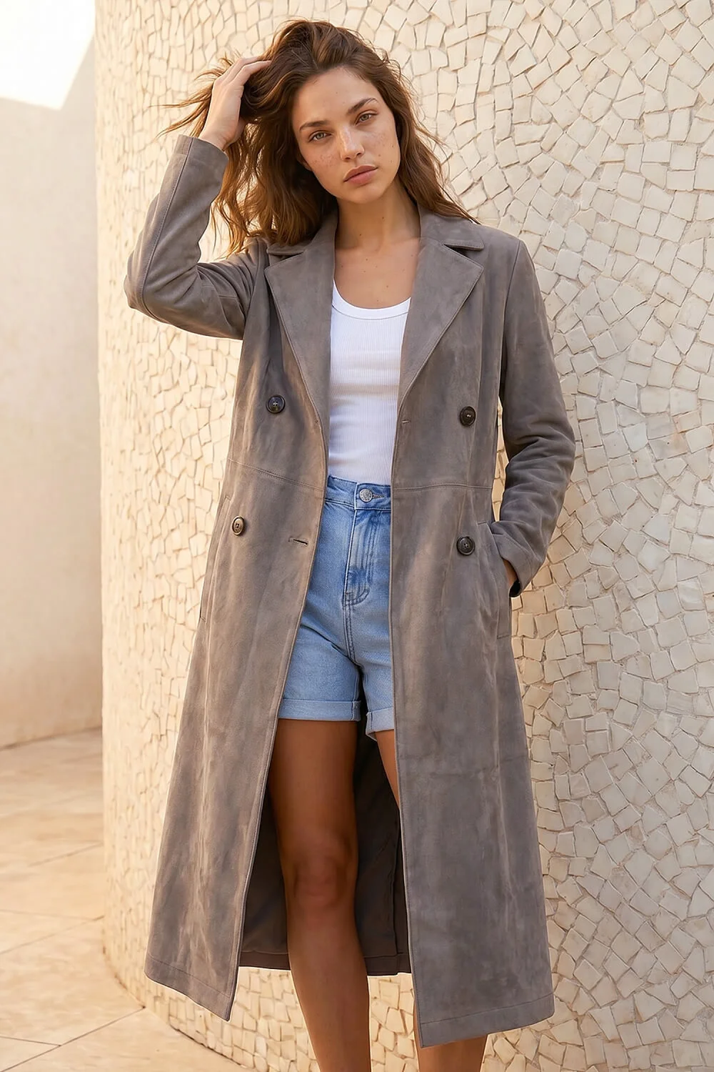 Roman Taupe Petite Faux Suede Trench Coat - 8 Image 1