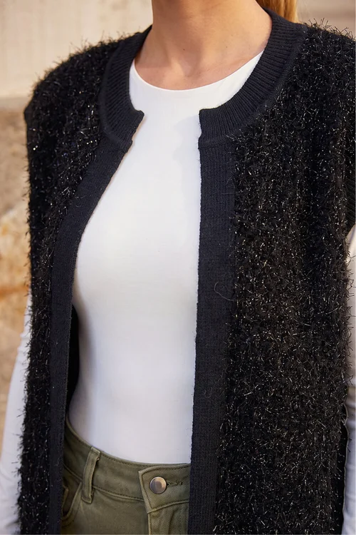Roman Black Fluffy Shimmer Knit Waistcoat - S Image 4