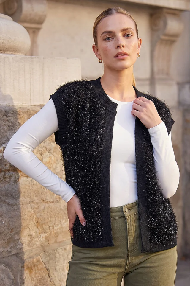 Roman Black Fluffy Shimmer Knit Waistcoat