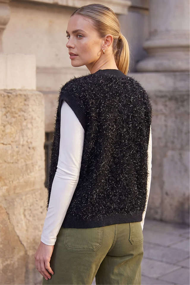 Roman Black Fluffy Shimmer Knit Waistcoat