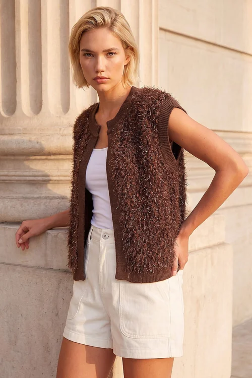 Roman Chocolate Fluffy Shimmer Knit Waistcoat - L Image 1