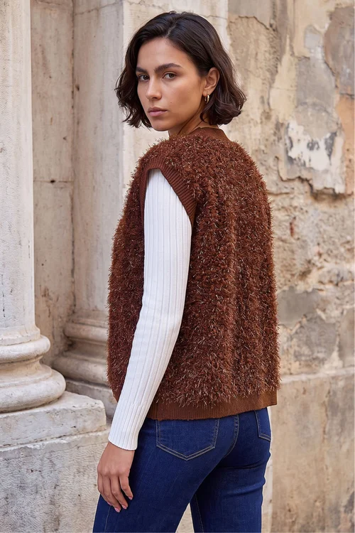Roman Chocolate Fluffy Shimmer Knit Waistcoat - L Image 3