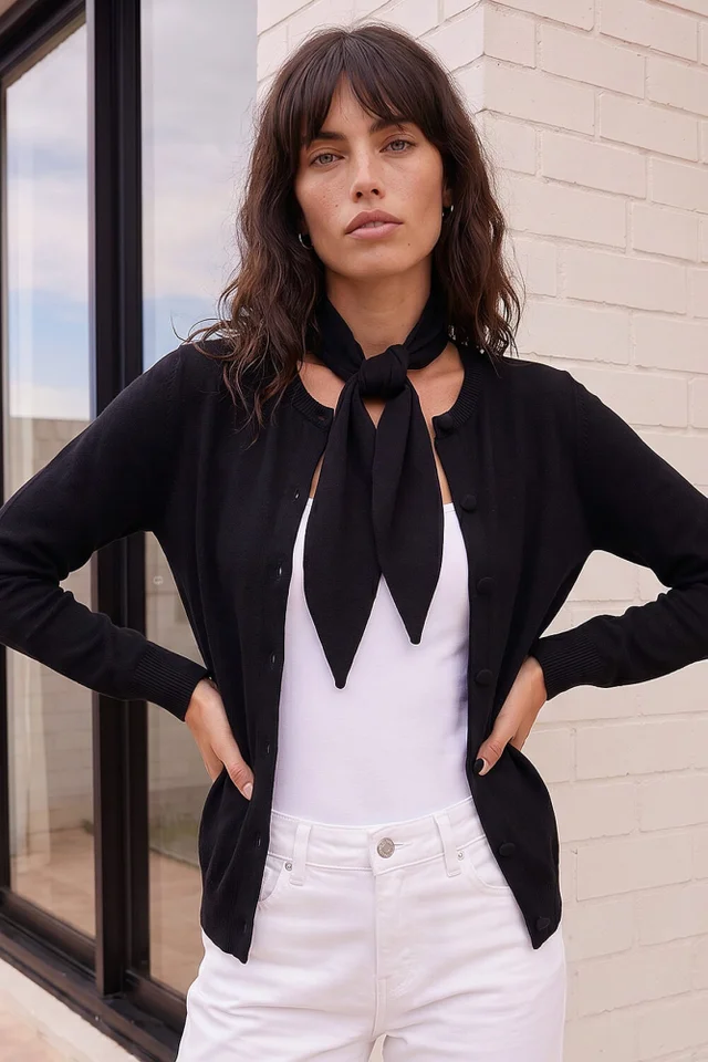 Roman Black Tie Neck Soft Knit Cardigan