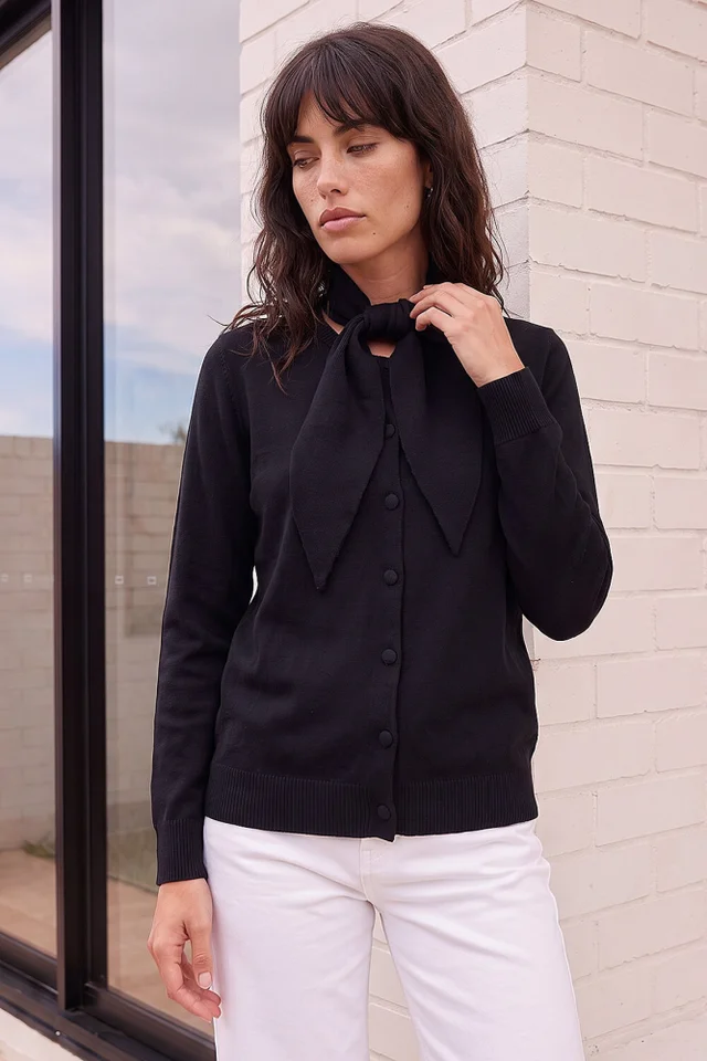 Roman Black Tie Neck Soft Knit Cardigan