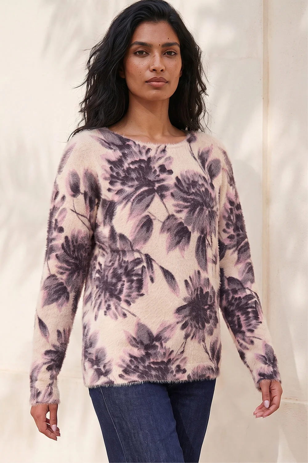 Roman Light Pink Floral Print Fluffy Knit Jumper - 14 Image 1