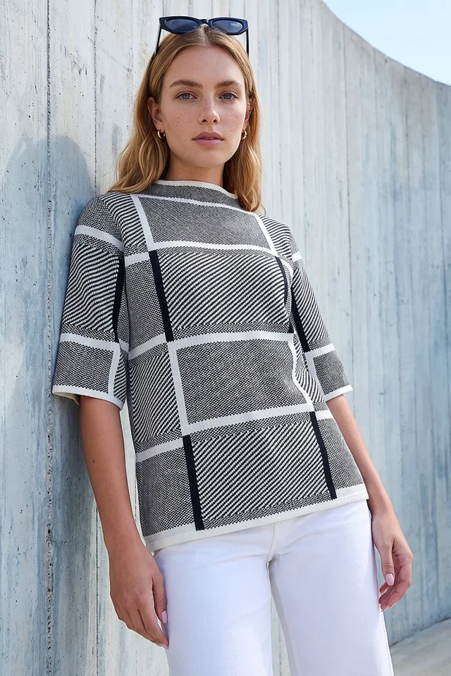 Roman Grey Check Short Sleeve Jumper