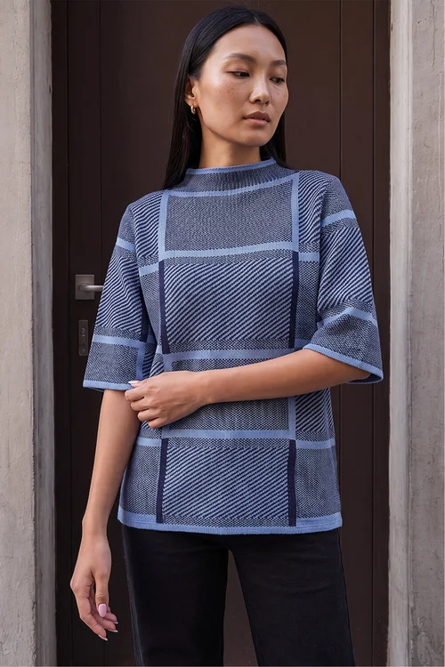 Roman Navy Check Short Sleeve Jumper - 18 Image 1